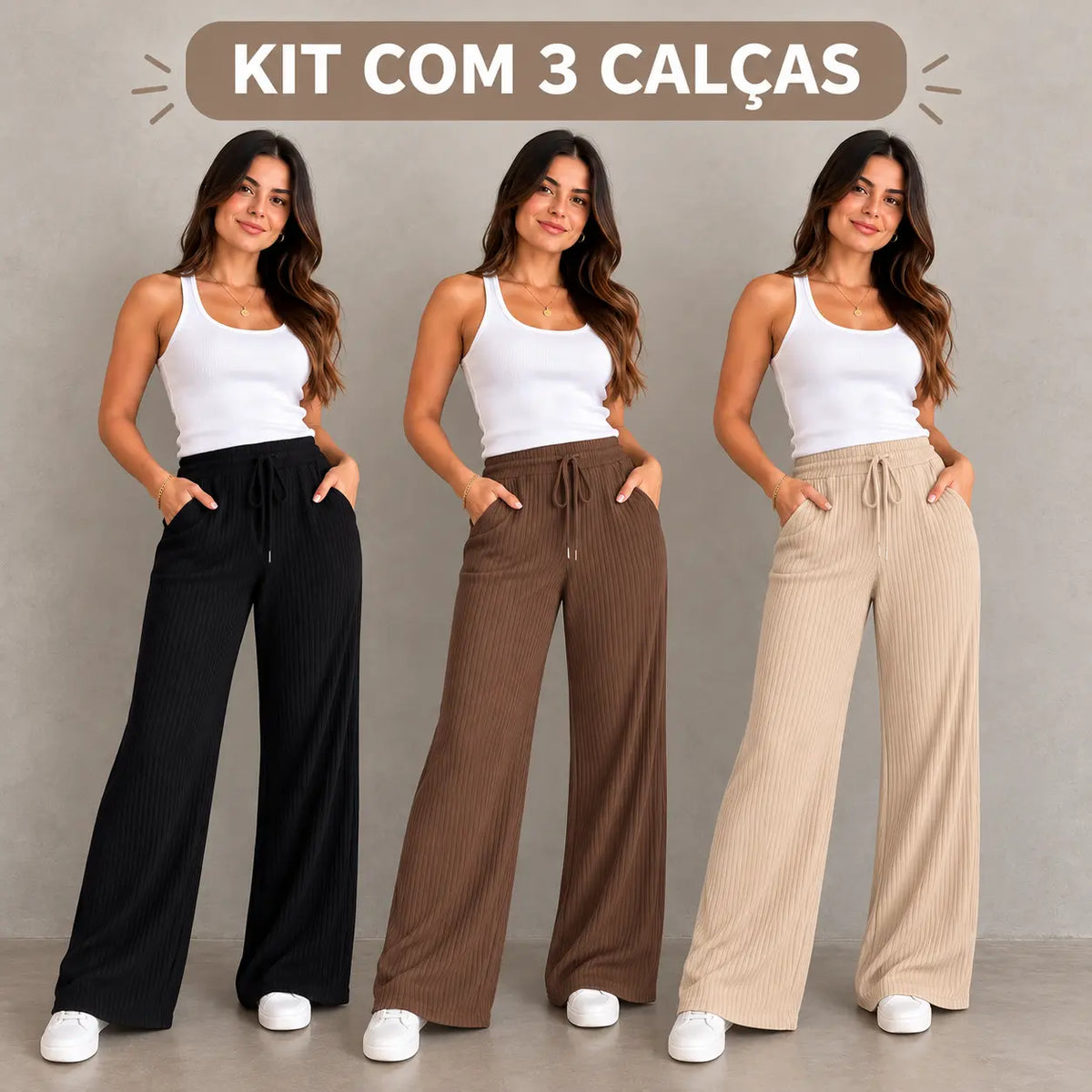 (KIT COM 3) Calça Pantalona com Bolso - Tecido Canelado Premium | ESQUENTA BLACK FRIDAY