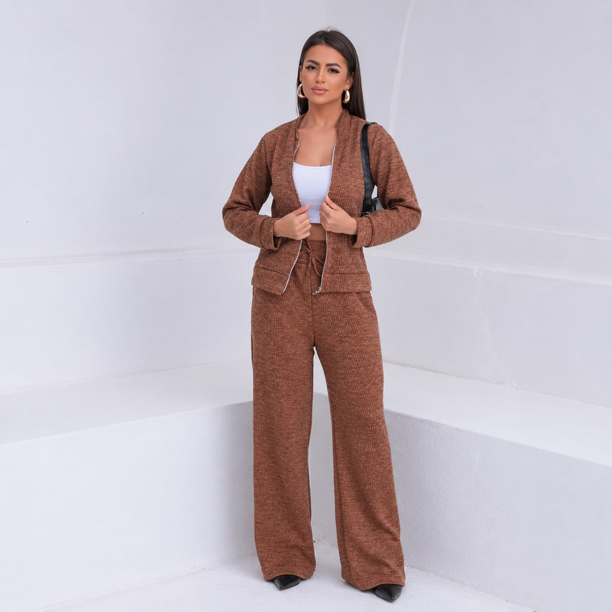 (KIT COM 3) Conjunto Feminino em Malha Ribana com Zíper [LIQUIDAÇÃO DE INVERNO]