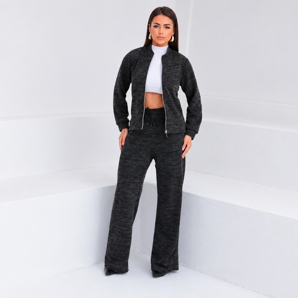 (KIT COM 3) Conjunto Feminino em Malha Ribana com Zíper [LIQUIDAÇÃO DE INVERNO]