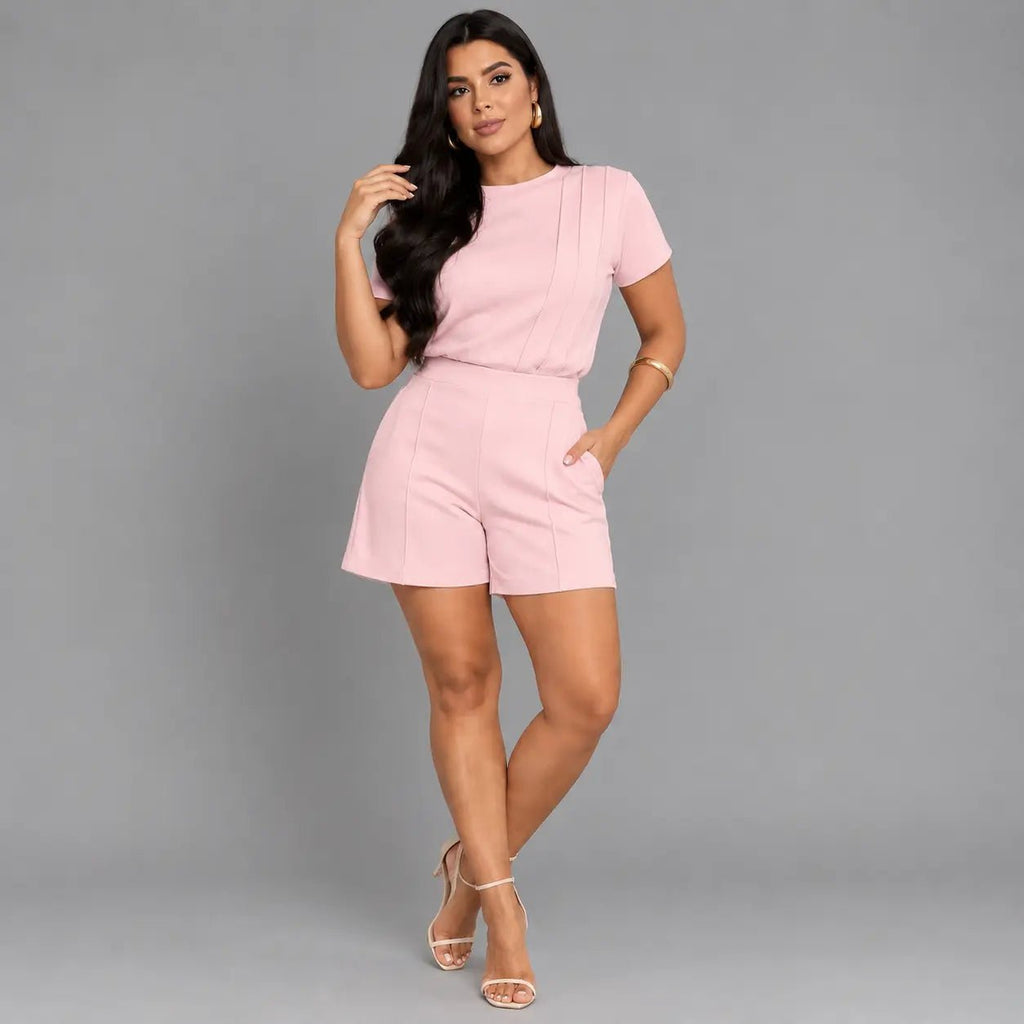 Conjunto Feminino Antonella Blusa + Bermuda | PROMOÇÃO DE PRÉ VERÃO 2026 - ROSA BEBÊ - P