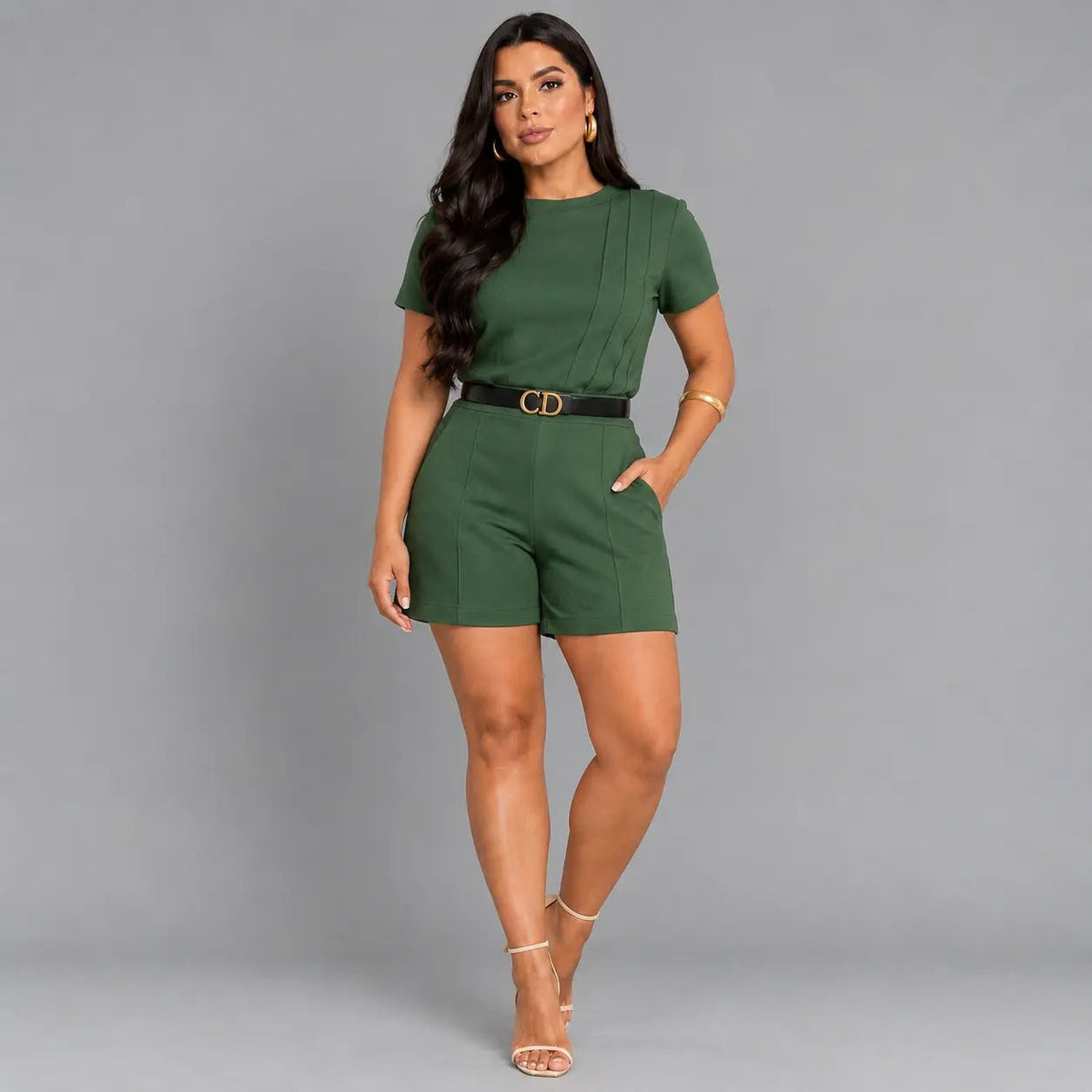Conjunto Feminino Antonella Blusa + Bermuda | PROMOÇÃO DE PRÉ VERÃO 2026 - VERD ESCURO - P