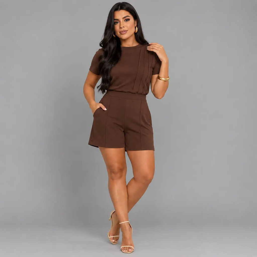 Conjunto Feminino Antonella Blusa + Bermuda | PROMOÇÃO DE PRÉ VERÃO 2026 - MARROM - P