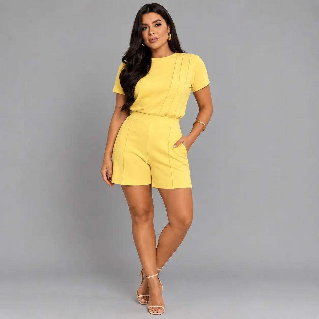Conjunto Feminino Antonella Blusa + Bermuda | PROMOÇÃO DE PRÉ VERÃO 2026 - AMARELO - P