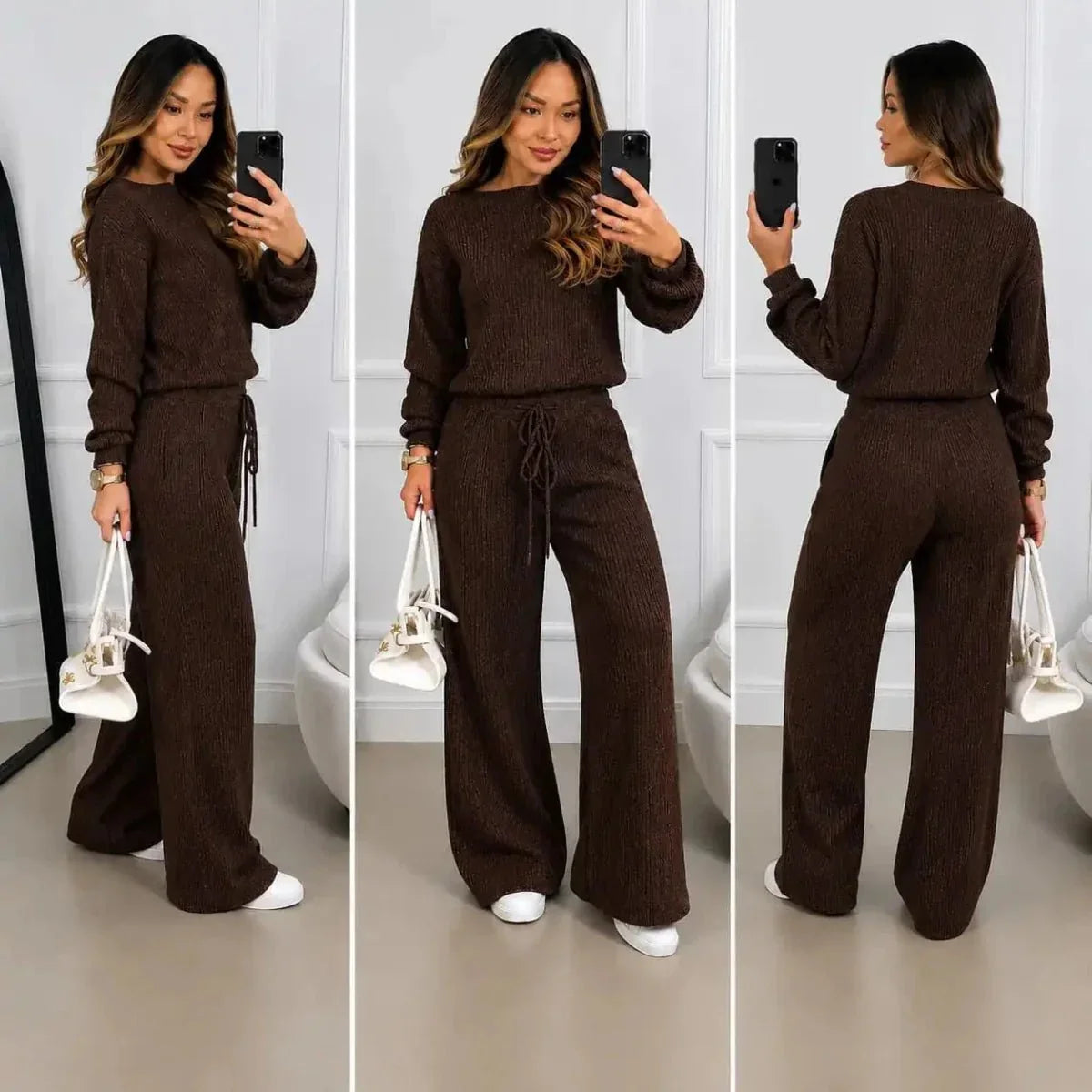 Conjunto Feminino Canelado em Tricot (Blusa + Calça) | PROMOÇÃO DE INVERNO
