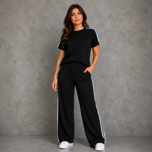 Mirella Modas Conjunto Feminino Moletinho Mariana – Calça Wide Leg + Blusa Manga Curta (PP ao 3XG)