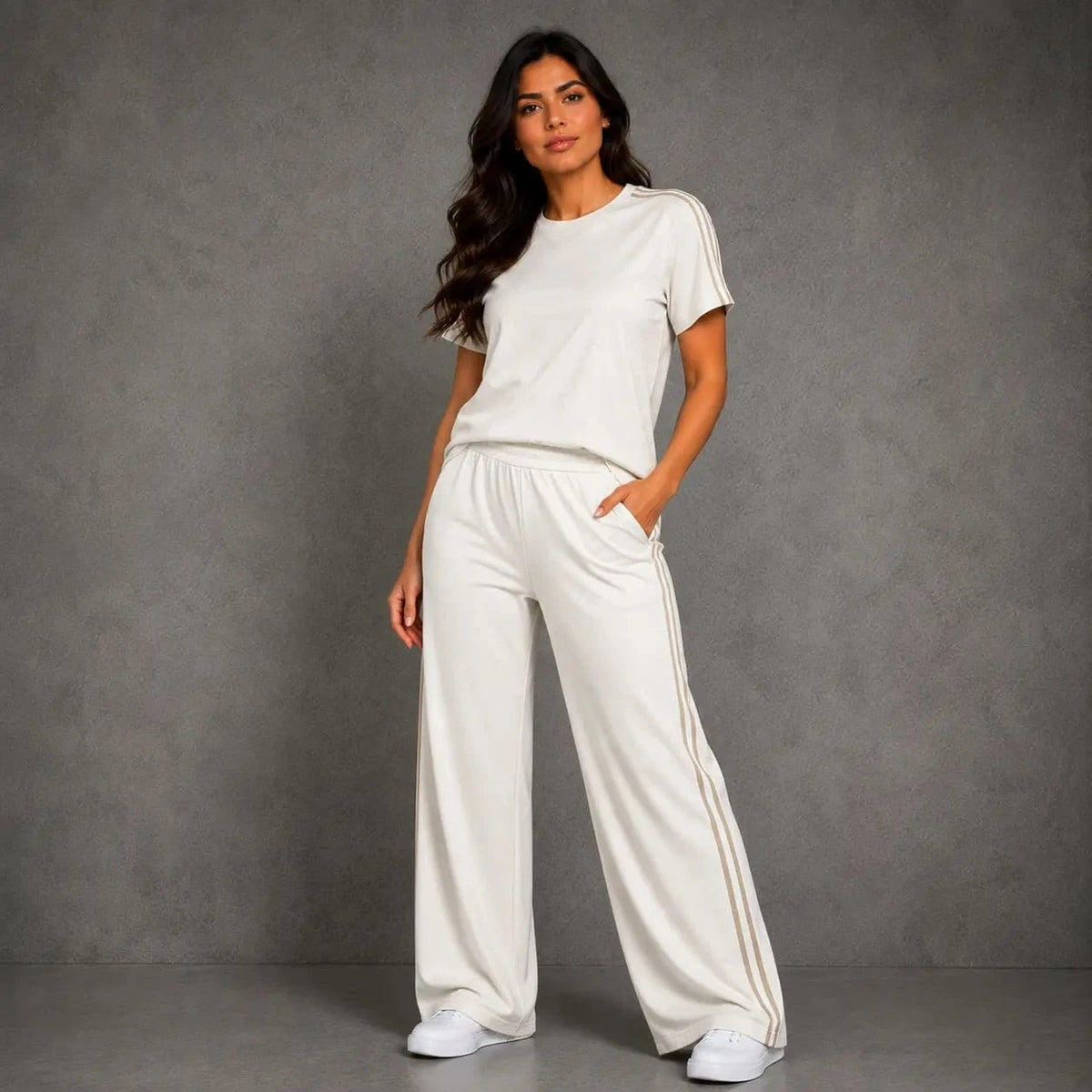 Mirella Modas Conjunto Feminino Moletinho Mariana – Calça Wide Leg + Blusa Manga Curta (PP ao 3XG)