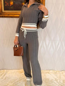 Conjunto Manga Longa Feminino Tricot Modal Blusa Gola Polo Calça Wide Leg com Cordão Detalhes em Listras Aerolook - Tricote Modas