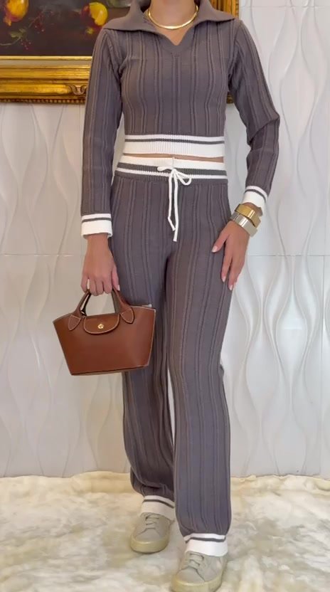 Conjunto Manga Longa Feminino Tricot Modal Blusa Gola Polo Calça Wide Leg com Cordão Detalhes em Listras Aerolook