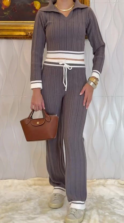 Conjunto Manga Longa Feminino Tricot Modal Blusa Gola Polo Calça Wide Leg com Cordão Detalhes em Listras Aerolook