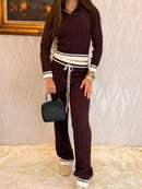 Conjunto Manga Longa Feminino Tricot Modal Blusa Gola Polo Calça Wide Leg com Cordão Detalhes em Listras Aerolook - Tricote Modas