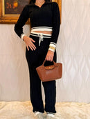 Conjunto Manga Longa Feminino Tricot Modal Blusa Gola Polo Calça Wide Leg com Cordão Detalhes em Listras Aerolook - Tricote Modas