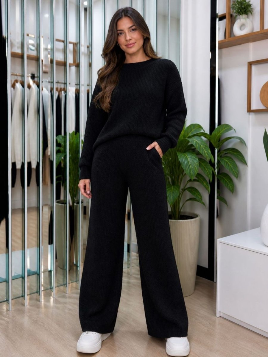 Conjunto Tricot Mousse Blusa Manga Longa e Calça Pantalona Elegante