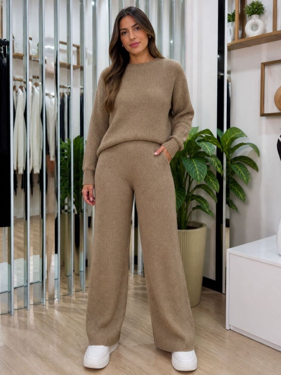 Conjunto Tricot Mousse Blusa Manga Longa e Calça Pantalona Elegante