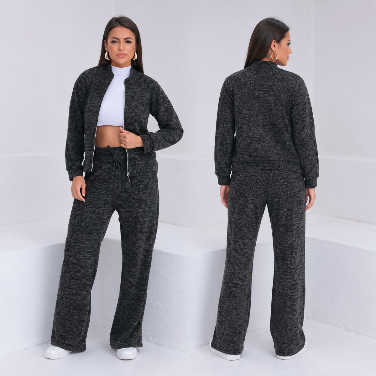 (KIT COM 3) Conjunto Feminino em Malha Ribana com Zíper [LIQUIDAÇÃO DE INVERNO]