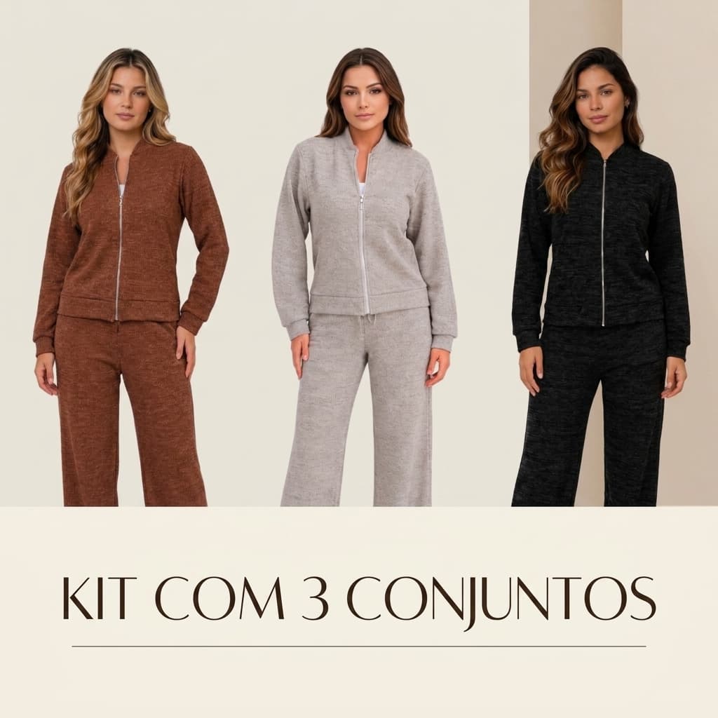 (KIT COM 3) Conjuntos Feminino em Malha Ribana com Zíper - [OFERTA DE INVERNO]