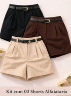 Mirella Modas Kit 3 Shorts Alfaiataria Feminino Cintura Alta Com Cinto Elegante