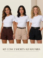Mirella Modas Kit 3 Shorts Alfaiataria Feminino Cintura Alta Com Cinto Elegante