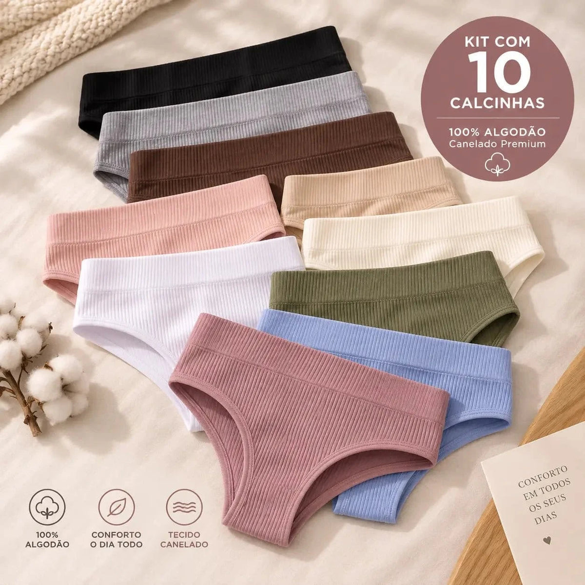 Mirella Modas (KIT COM 10) Calcinhas em  100% Algodão Canelado Premium - Confort