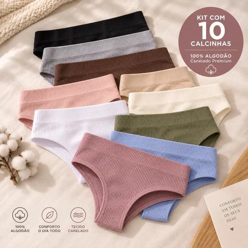 Mirella Modas (KIT COM 10) Calcinhas em  100% Algodão Canelado Premium - Confort