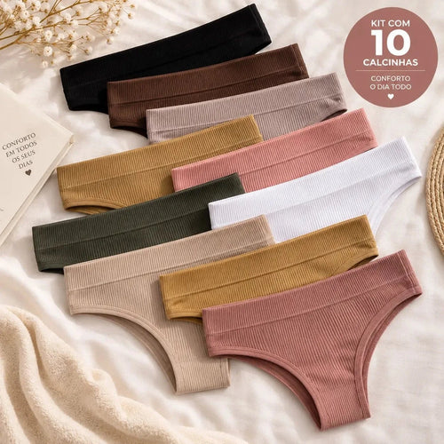 Mirella Modas (KIT COM 10) Calcinhas em  100% Algodão Canelado Premium - Confort