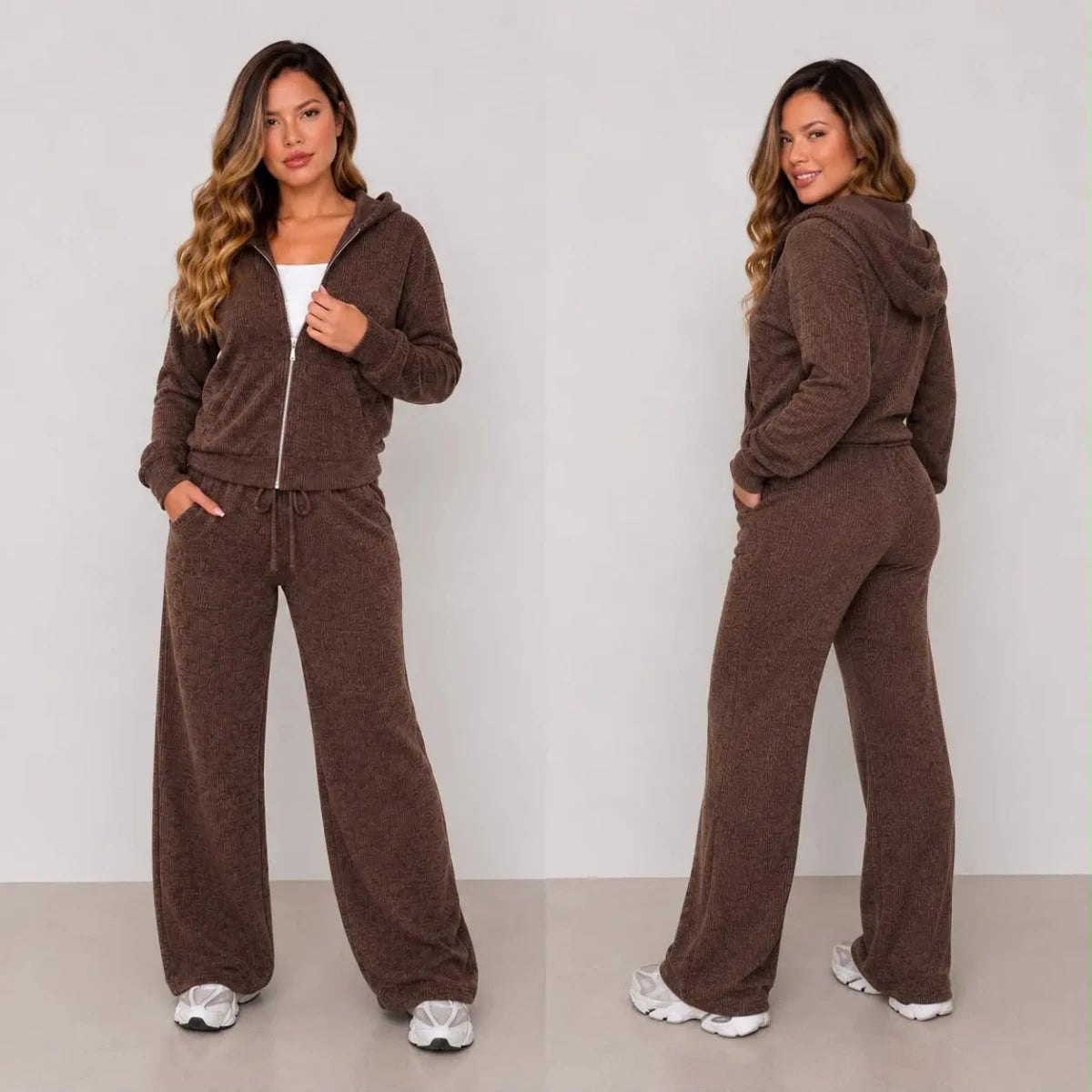 (Kit com 3) Conjunto Feminino em Malha Ribana com Capuz [LIQUIDAÇÃO DE INVERNO] - Tricote Modas