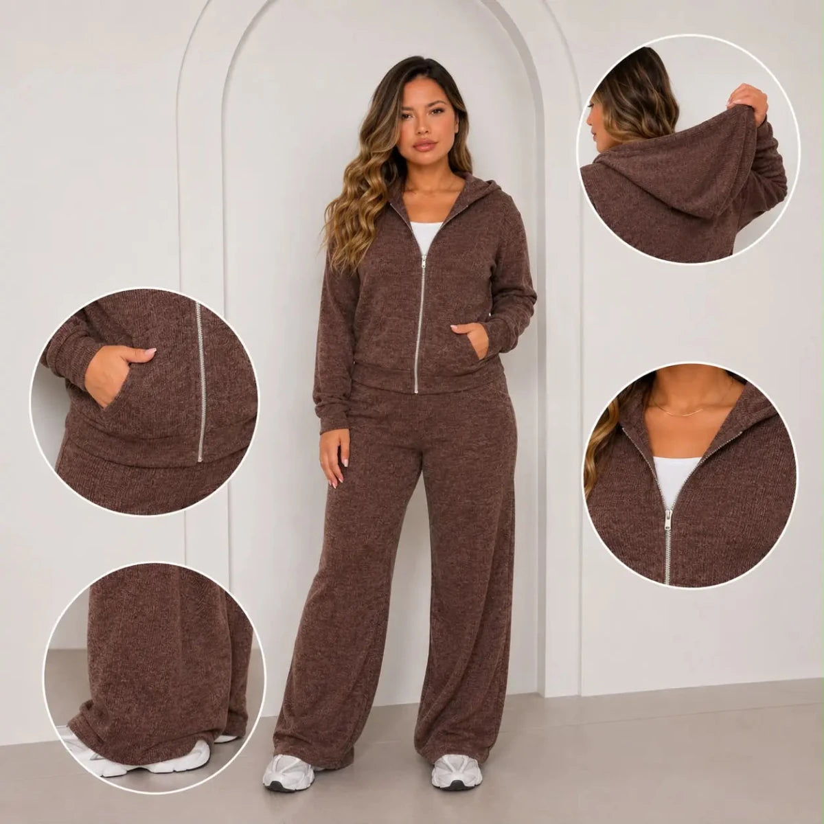 (Kit com 3) Conjunto Feminino em Malha Ribana com Capuz [LIQUIDAÇÃO DE INVERNO] - Tricote Modas